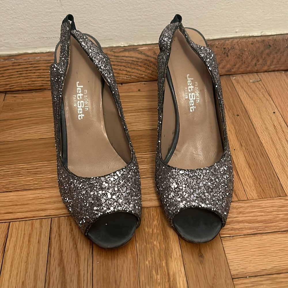 Sparkly glitter silver tango shoes